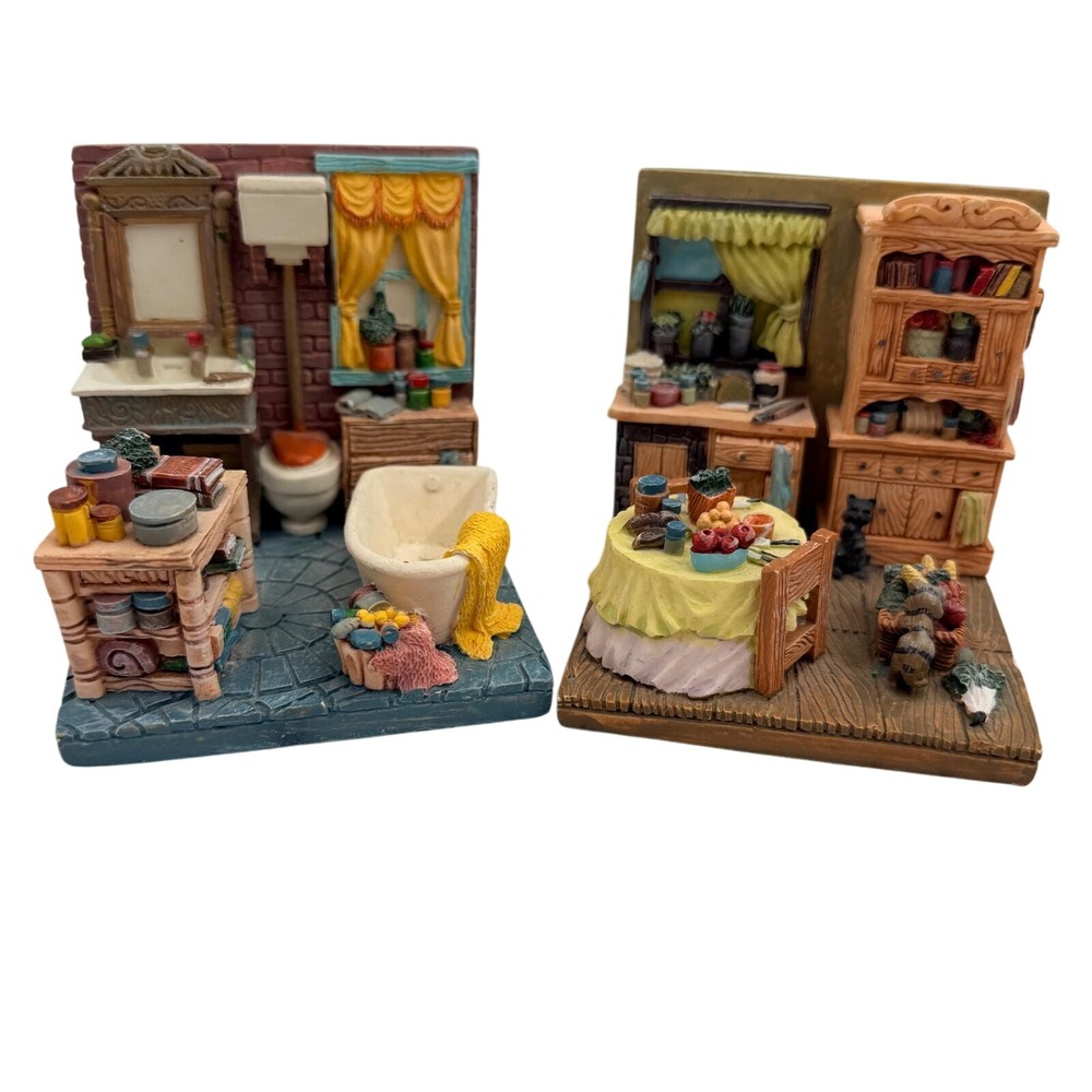 Vintage 1990 Jade Capital Miniature Room Bookends Kitchen Bathroom Diorama Set